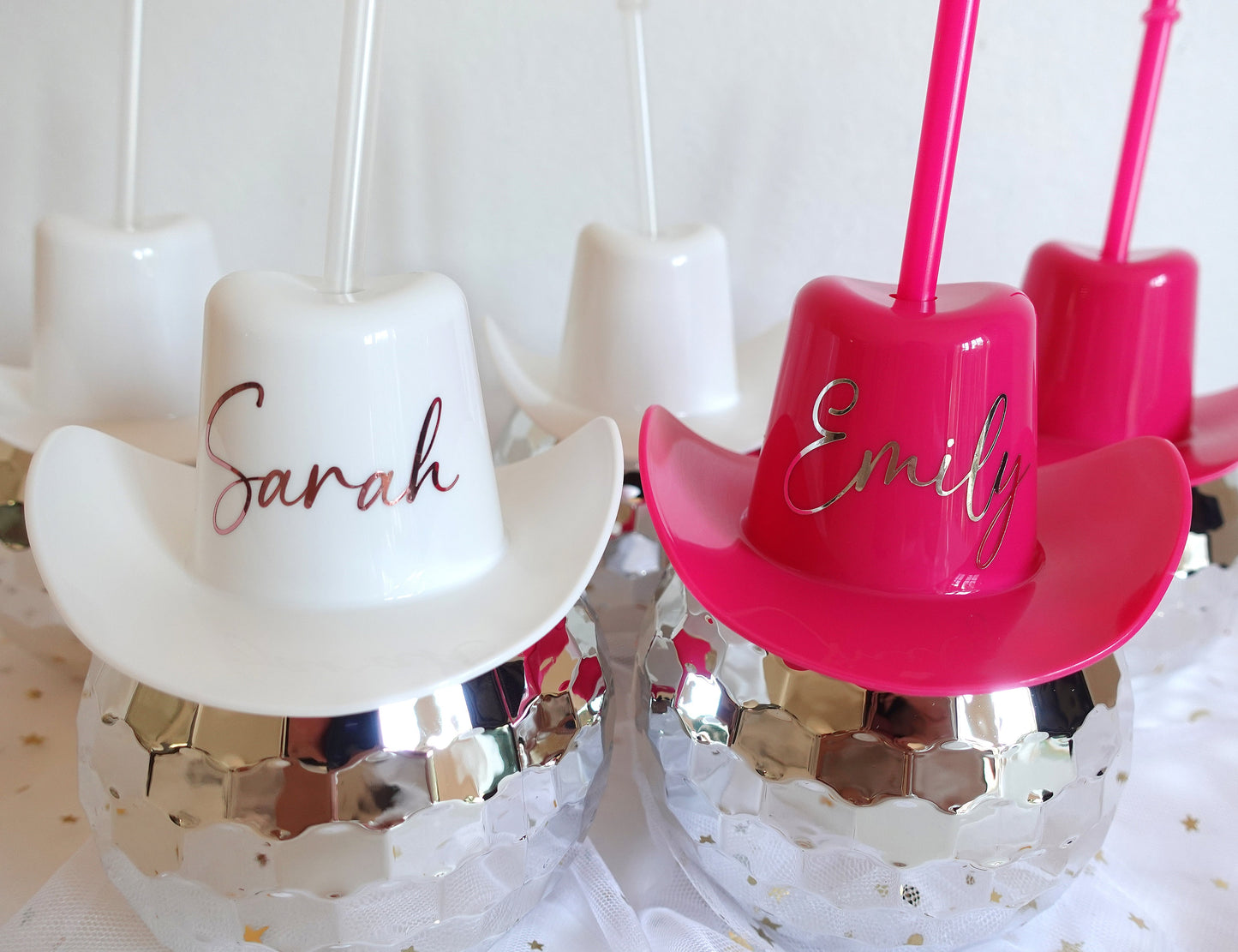 Personalised Cowboy Hat Disco Ball Cup with Clear Straw 600ML