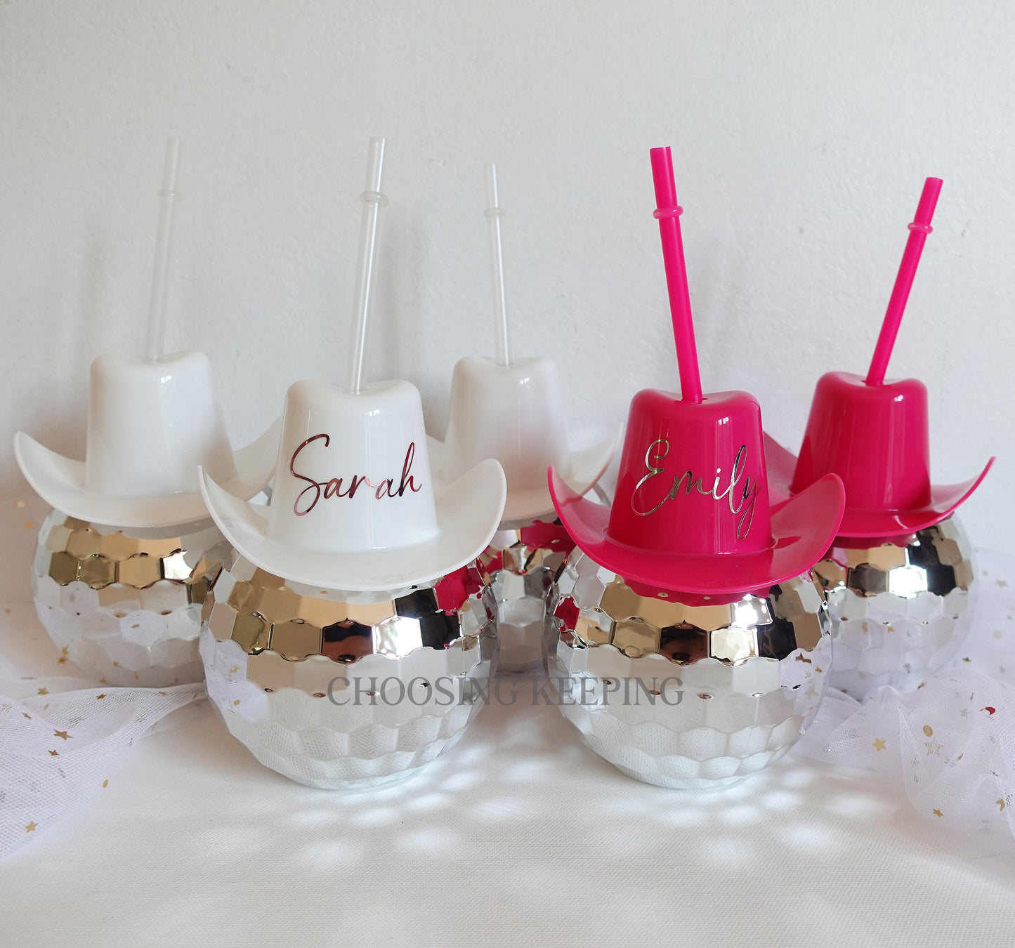 Personalised Cowboy Hat Disco Ball Cup with Clear Straw 600ML