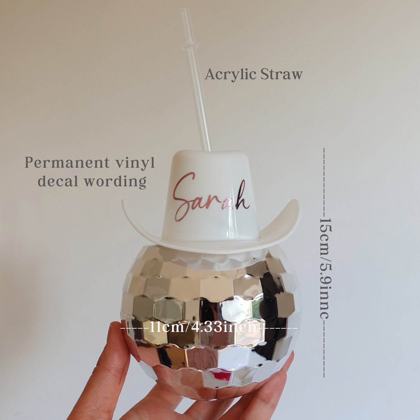 Personalised Cowboy Hat Disco Ball Cup with Clear Straw 600ML