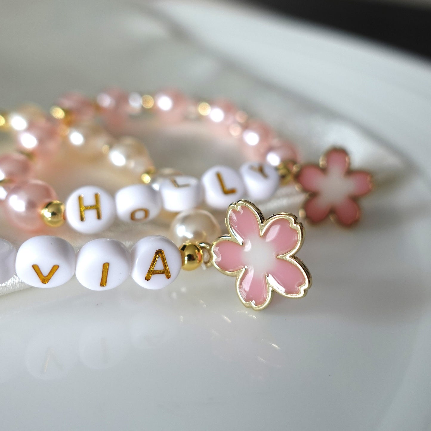 Personalised Name Flower Girl Charm Pearl Bracelet