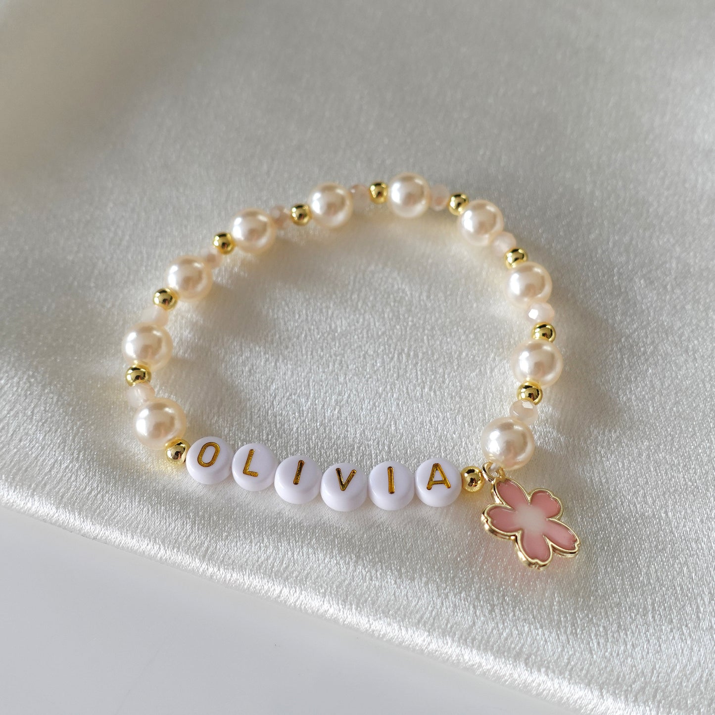 Personalised Name Flower Girl Charm Pearl Bracelet