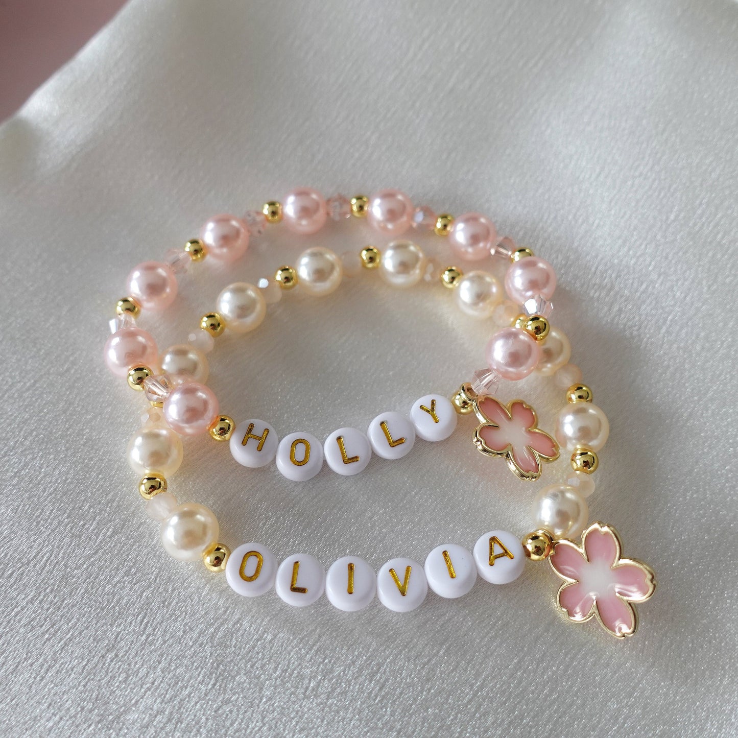 Personalised Name Flower Girl Charm Pearl Bracelet
