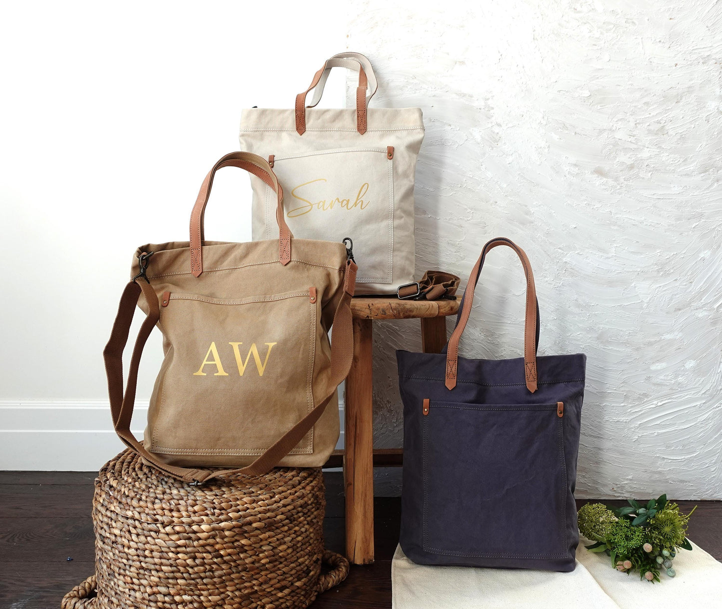 Personalized Unisex Canvas Tote Crossbody Bag with Leather Handles