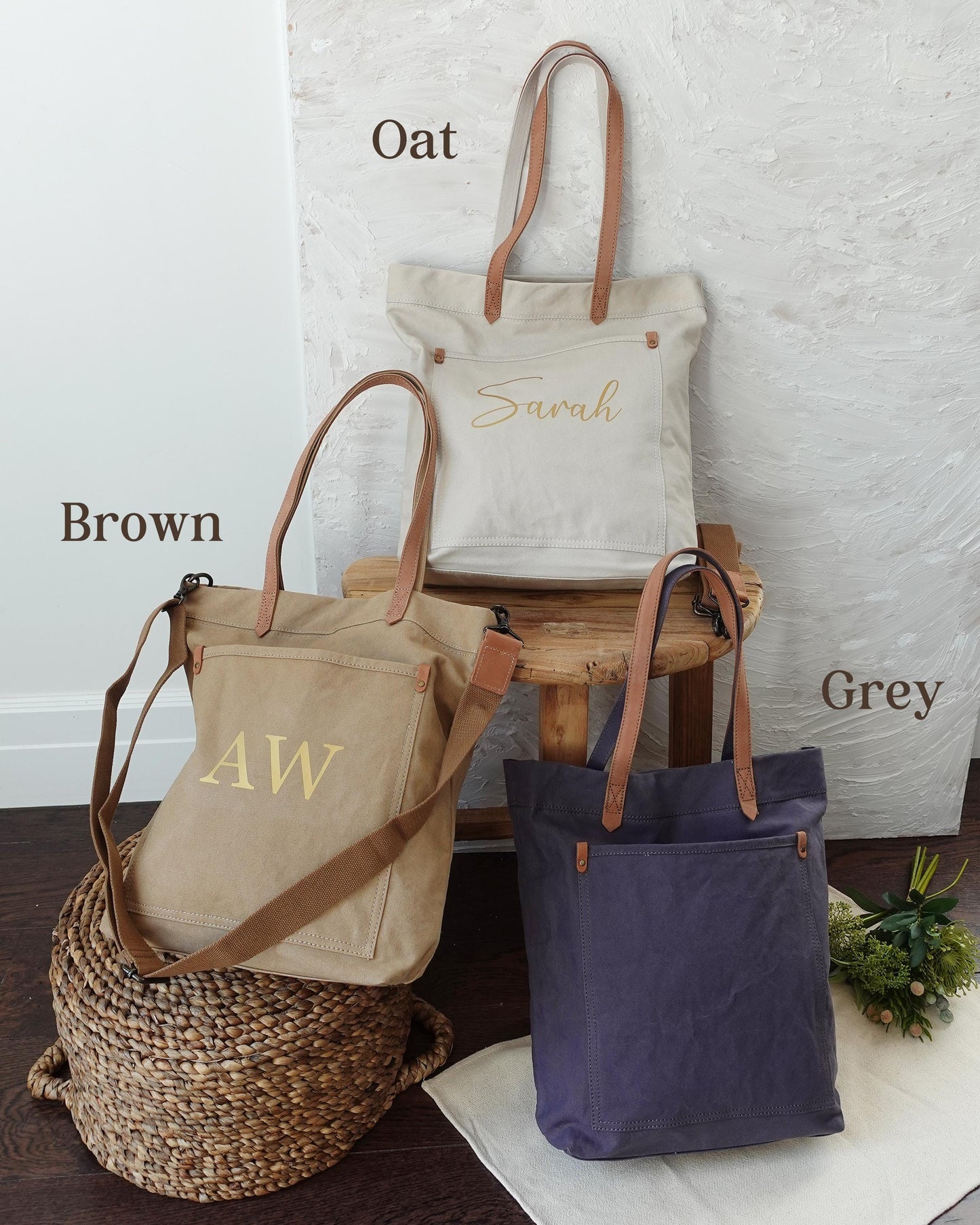Personalized Unisex Canvas Tote Crossbody Bag with Leather Handles