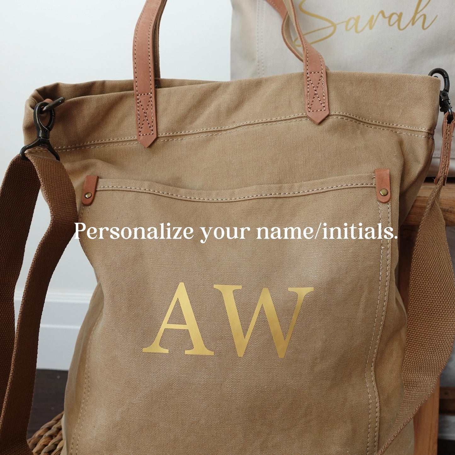Personalized Unisex Canvas Tote Crossbody Bag with Leather Handles
