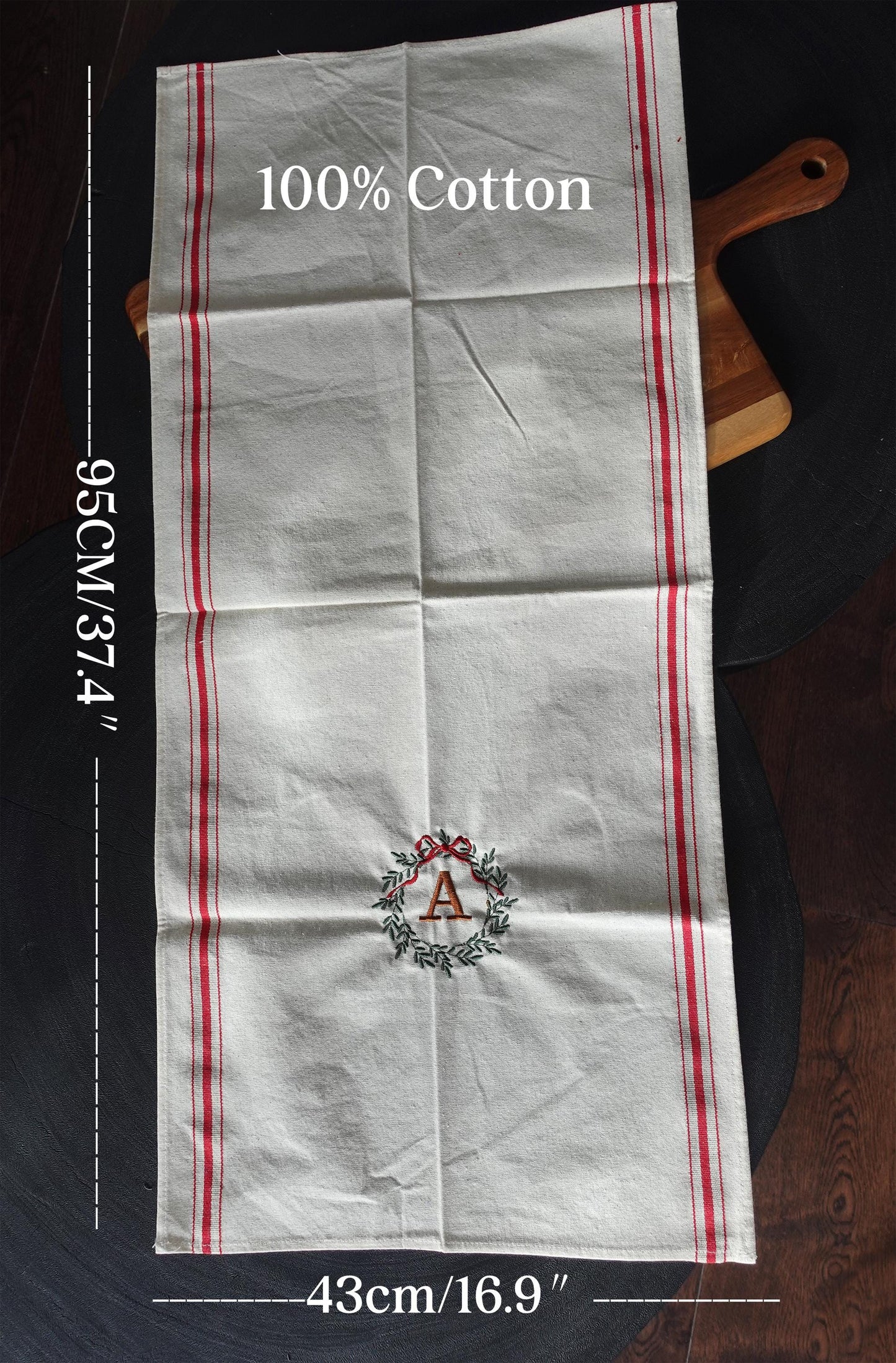 Personalized Christmas Tea Towel, Embroidered Wreath with Initials