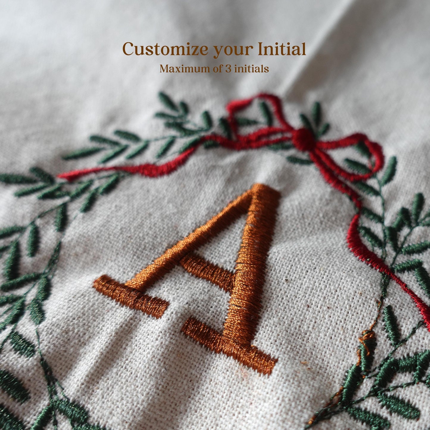 Personalized Christmas Tea Towel, Embroidered Wreath with Initials