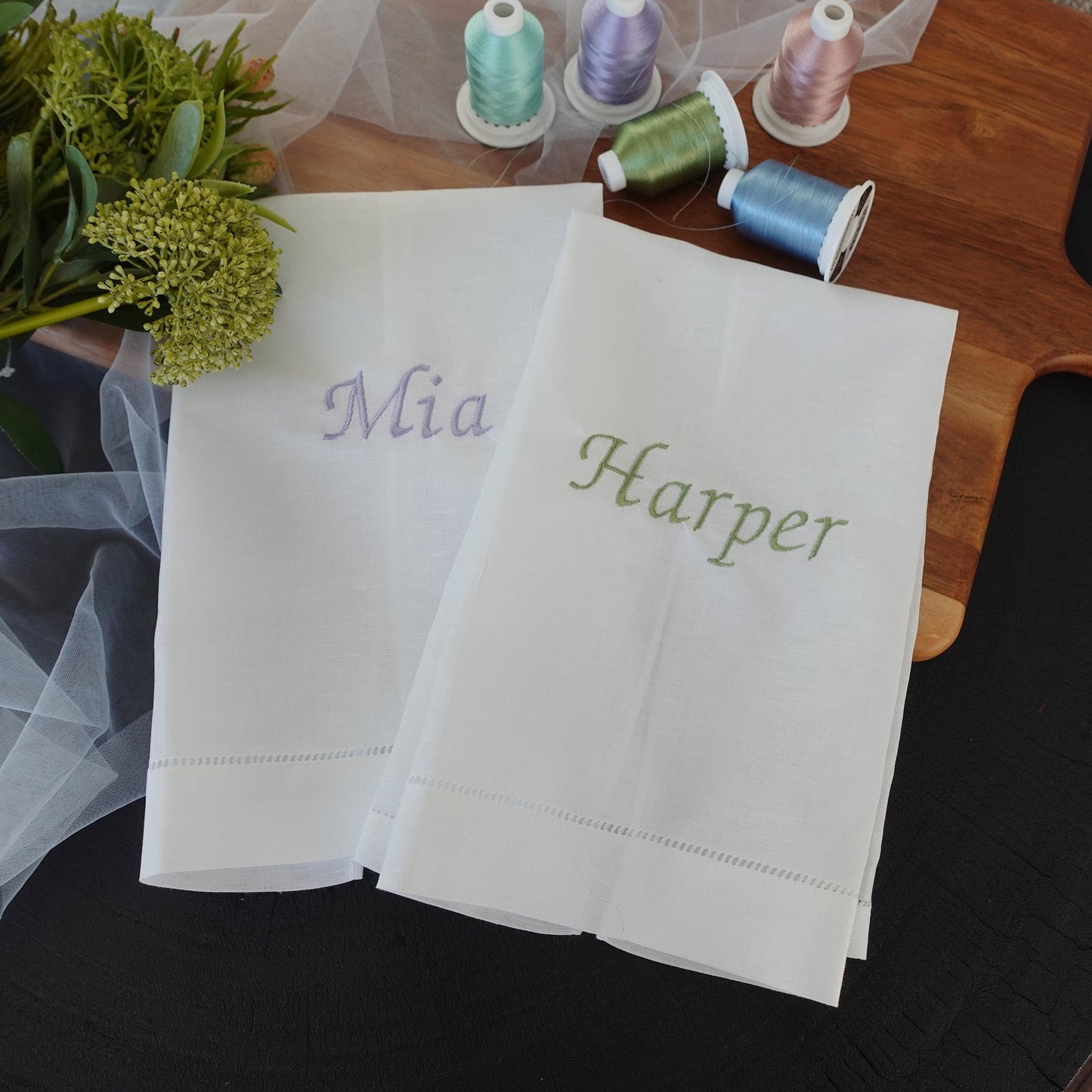 Personalized Linen Cotton Hand Towel, Embroidered Tea Towel