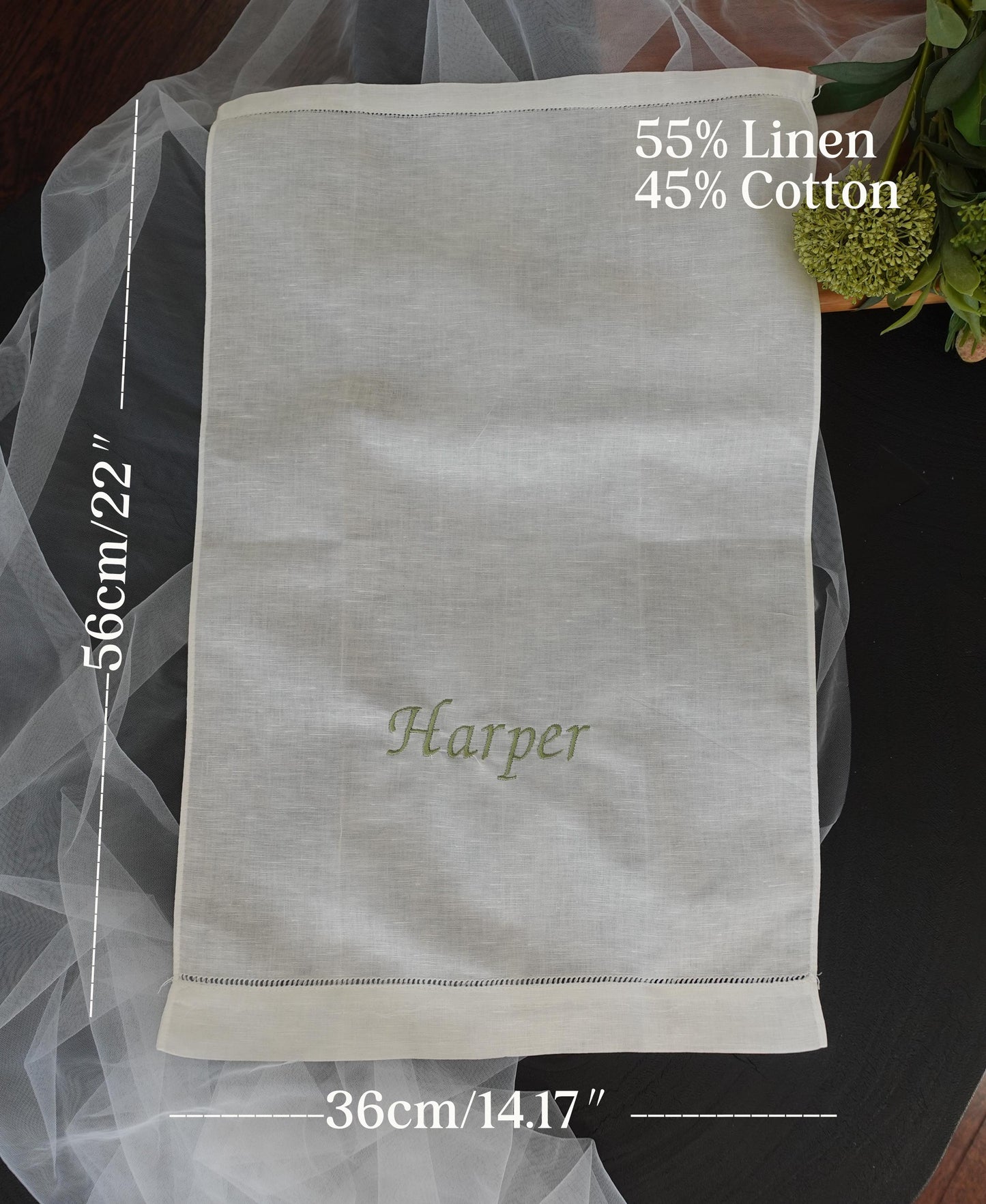 Personalized Linen Cotton Hand Towel, Embroidered Tea Towel