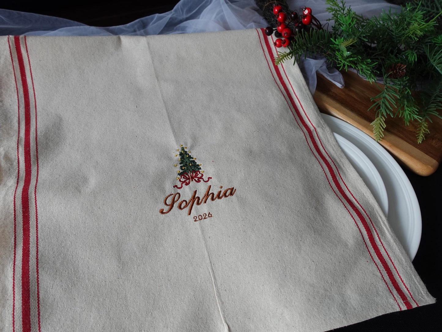 Personalized Embroidery Christmas Tea Towel