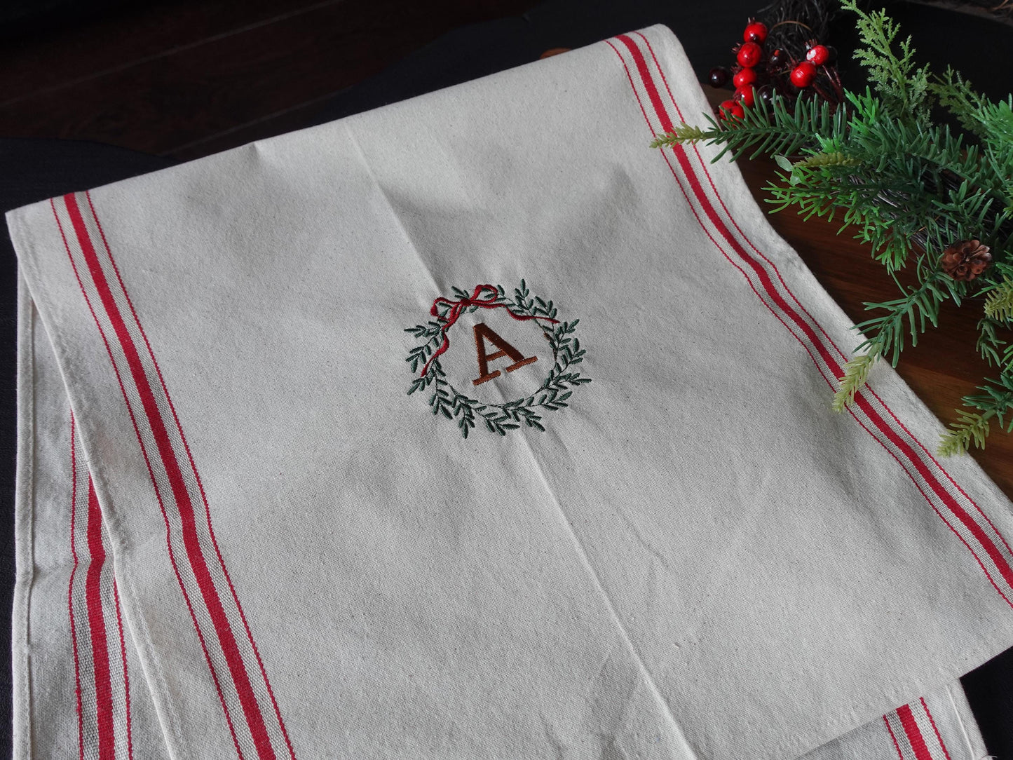 Personalized Christmas Tea Towel, Embroidered Wreath with Initials