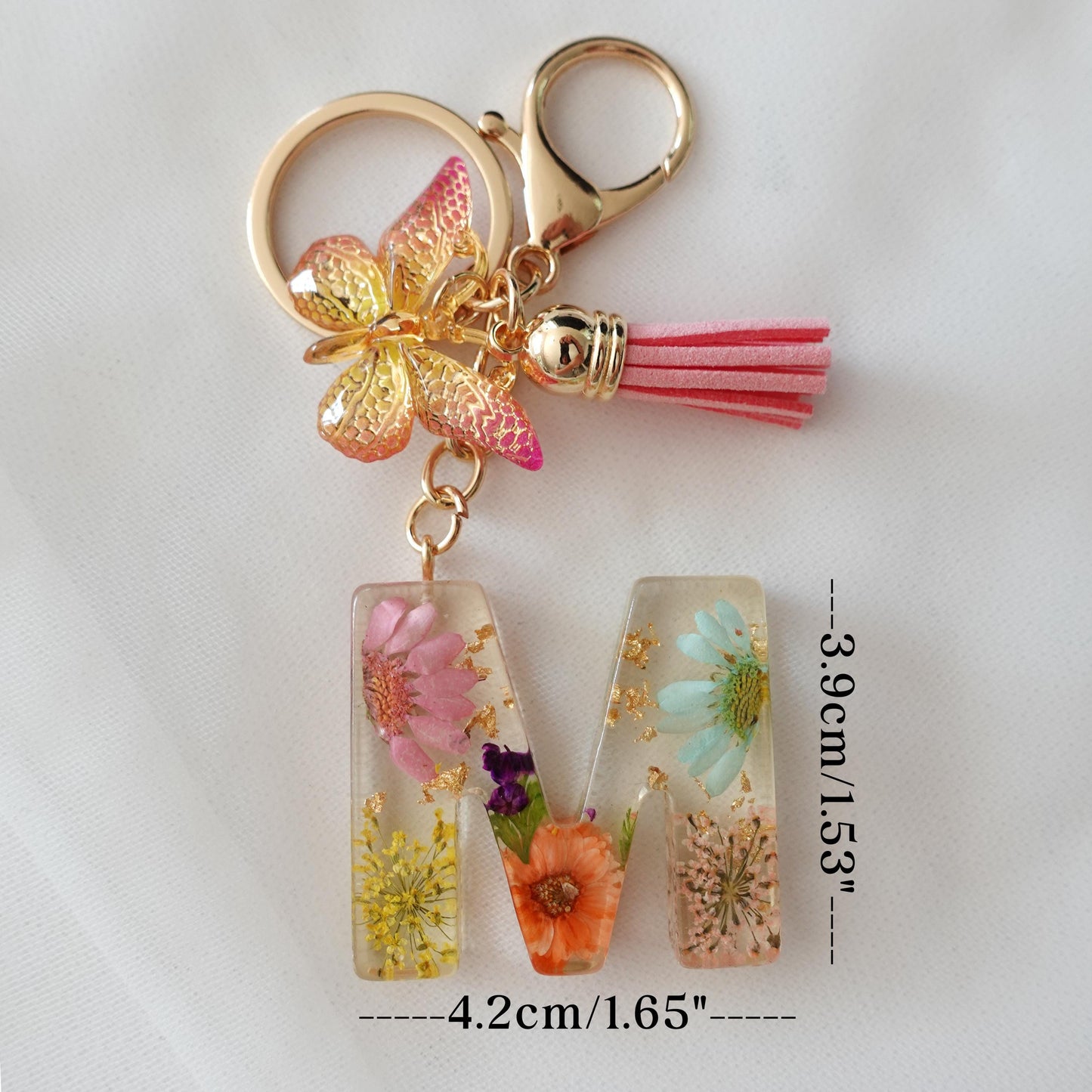 Floral Floral Resin Initial Keychain with Butterfly & Tassel