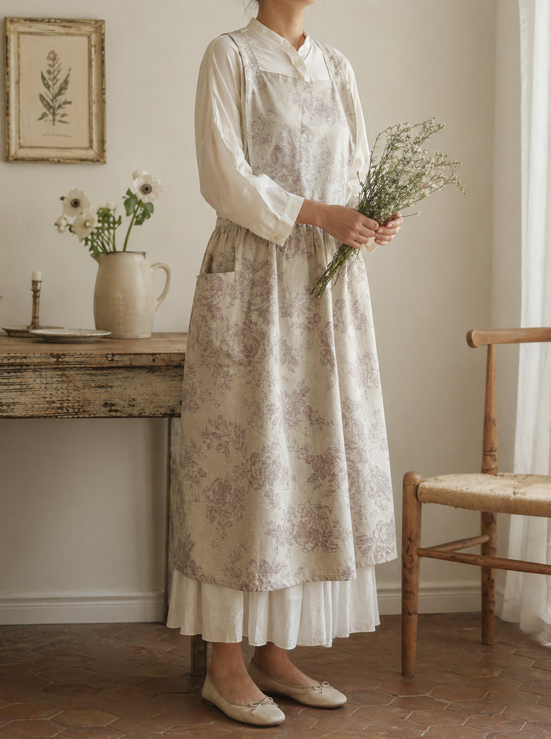 Personalized Floral Linen Apron Dress