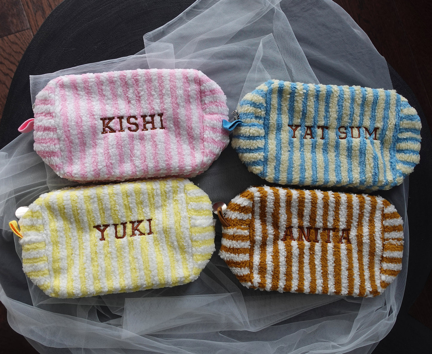 Personalized Fluffy Teddy Fleece, Striped, Large Makeup Bag