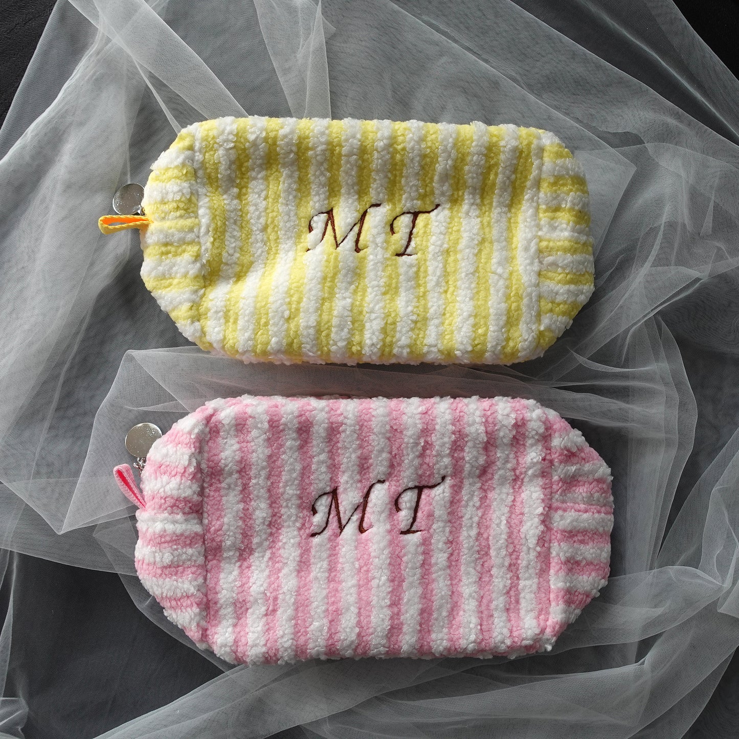 Personalized Fluffy Teddy Fleece, Striped, Large Makeup Bag