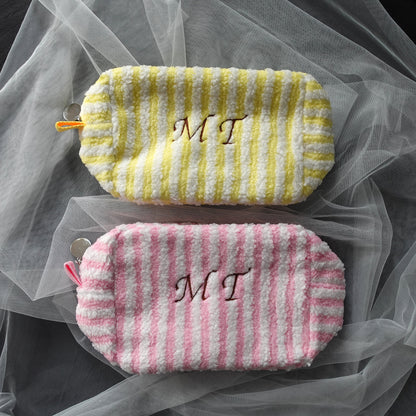 Personalized Fluffy Teddy Fleece, Striped, Large Makeup Bag
