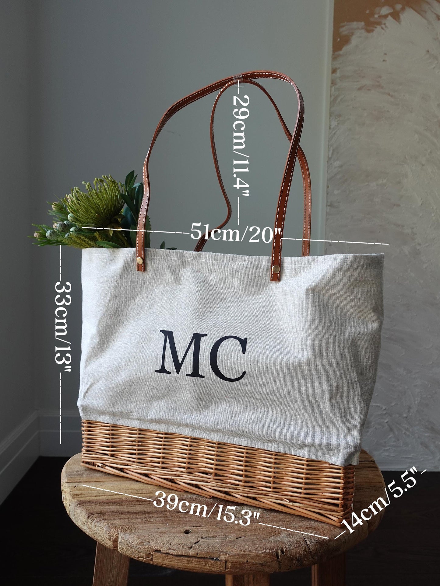 Customized striped Linen Rattan Bag, Leather Handle,