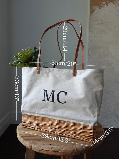 Customized striped Linen Rattan Bag, Leather Handle,