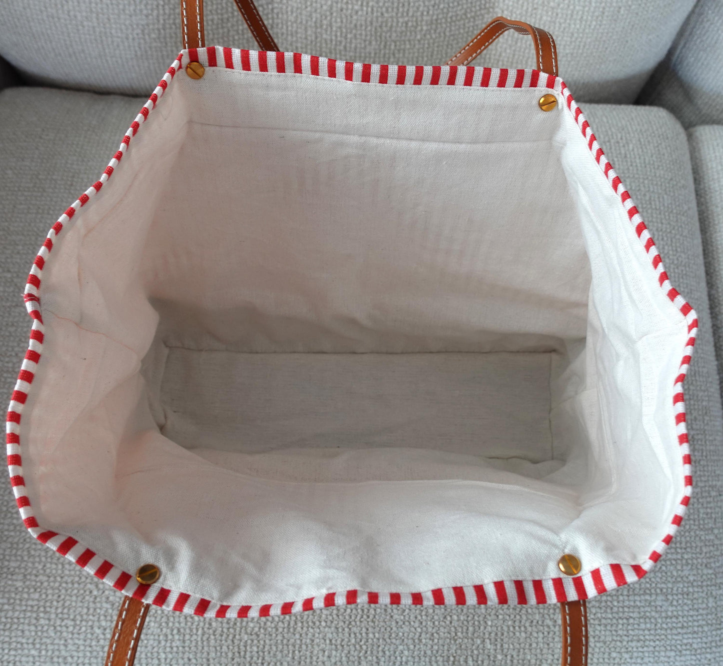 Customized striped Linen Rattan Bag, Leather Handle,