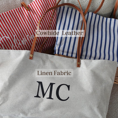 Customized striped Linen Rattan Bag, Leather Handle,