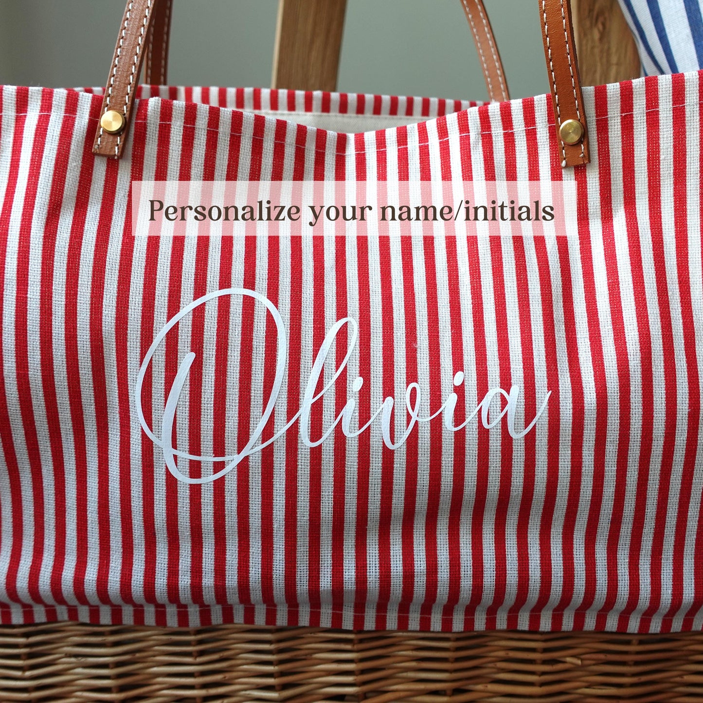 Customized striped Linen Rattan Bag, Leather Handle,