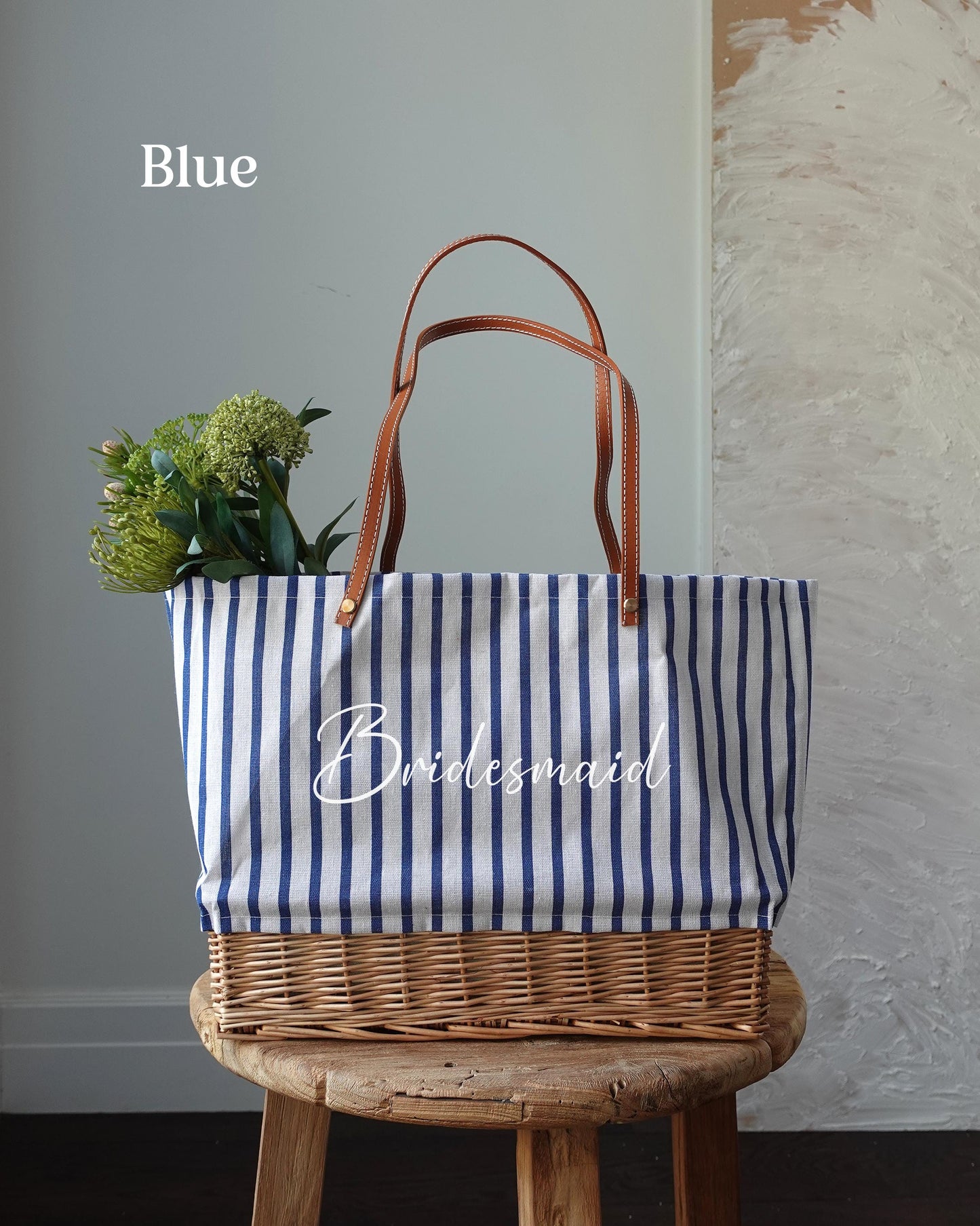 Customized striped Linen Rattan Bag, Leather Handle,