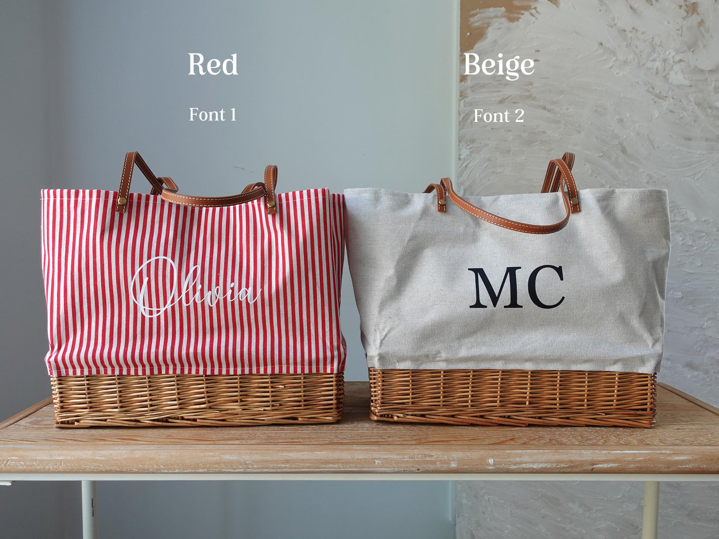 Customized striped Linen Rattan Bag, Leather Handle,