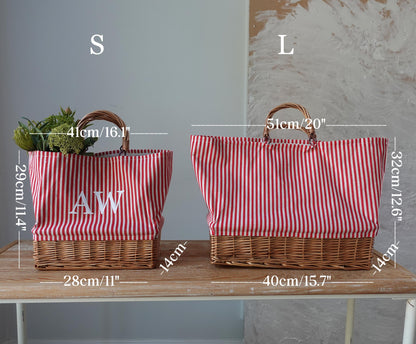 Customized striped Linen Rattan Bag, Personalized Bag