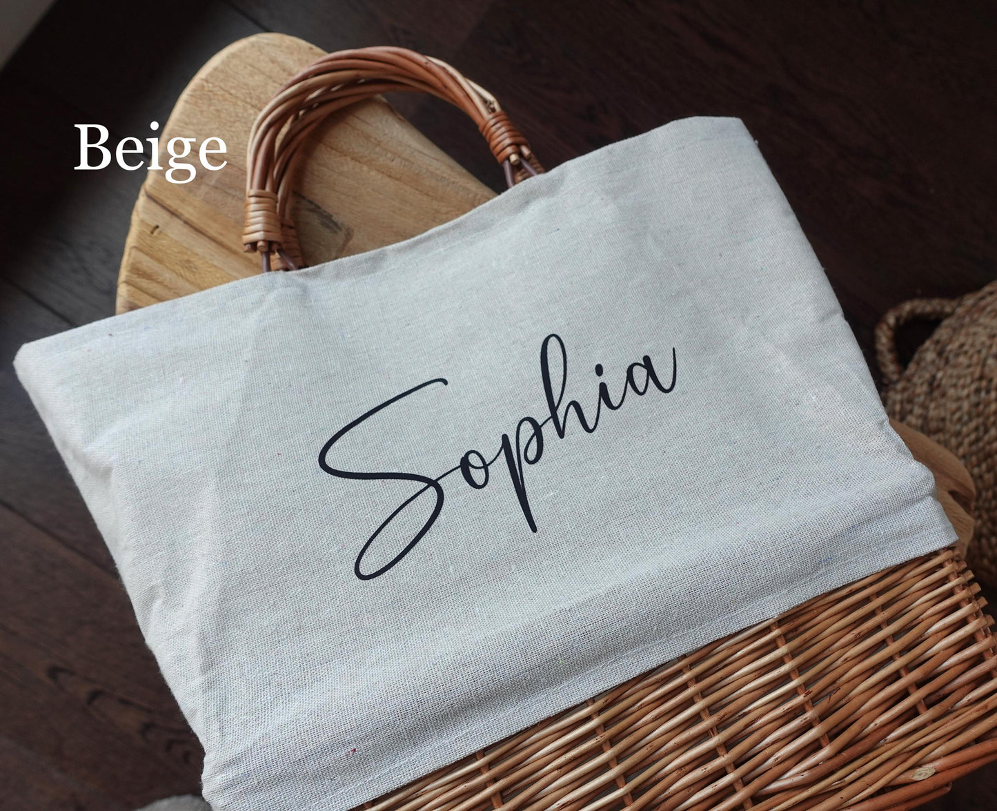 Customized striped Linen Rattan Bag, Personalized Bag