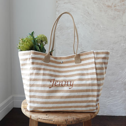 Personalized Large-Capacity Shopping Bag with Embroidery, Embroidered Striped Bag