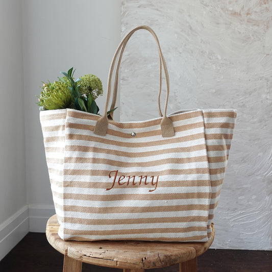 Personalized Large-Capacity Shopping Bag with Embroidery, Embroidered Striped Bag