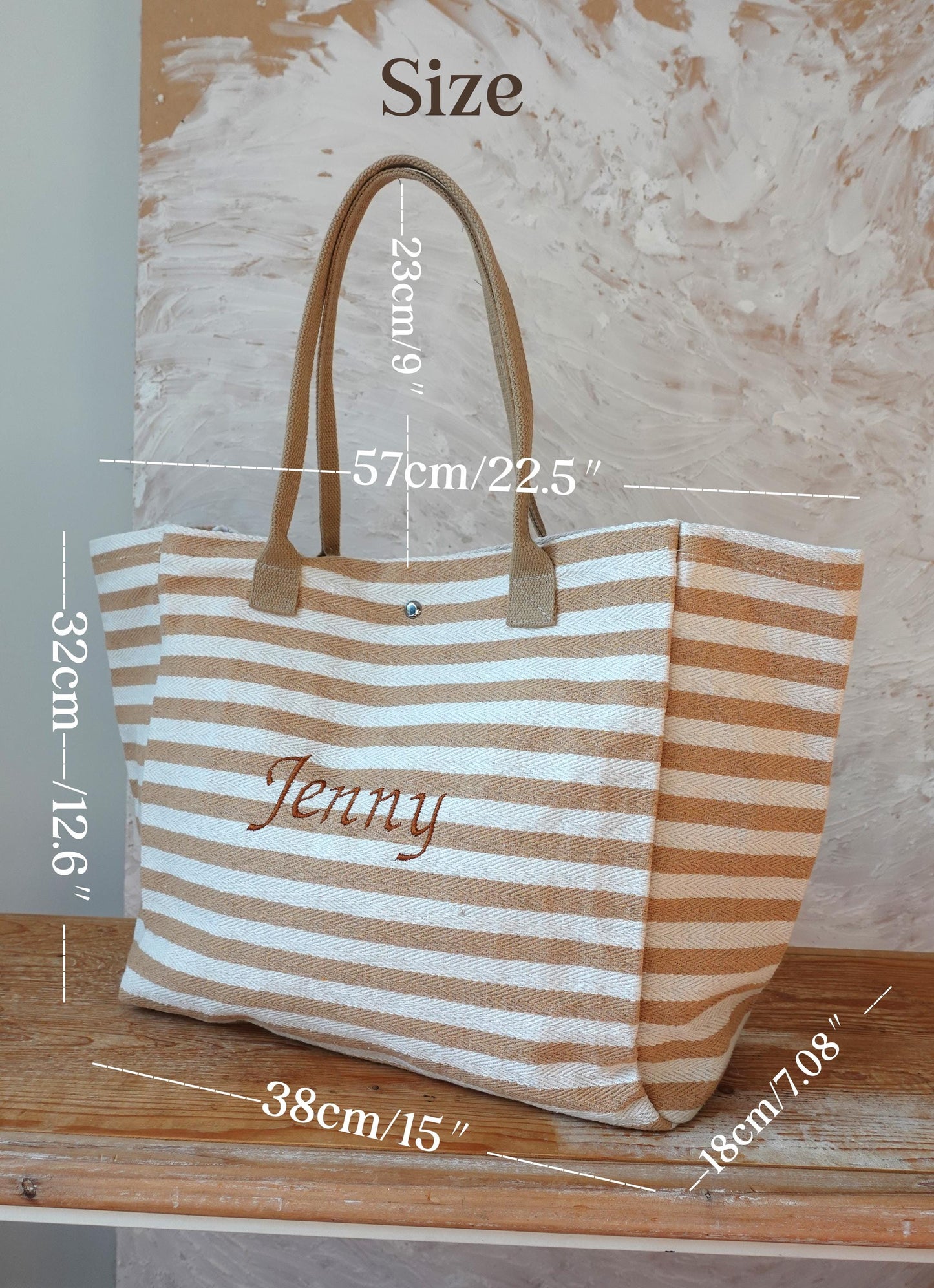 Personalized Large-Capacity Shopping Bag with Embroidery, Embroidered Striped Bag