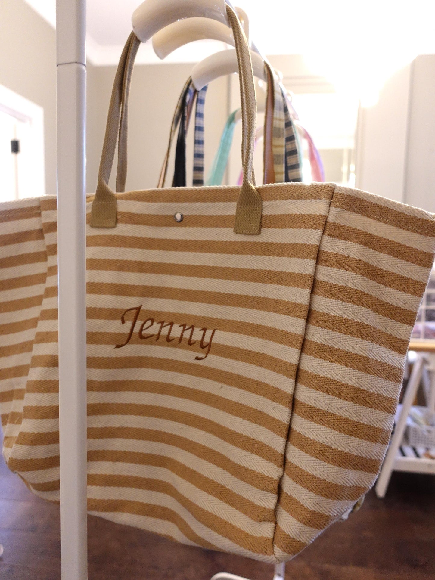 Personalized Large-Capacity Shopping Bag with Embroidery, Embroidered Striped Bag