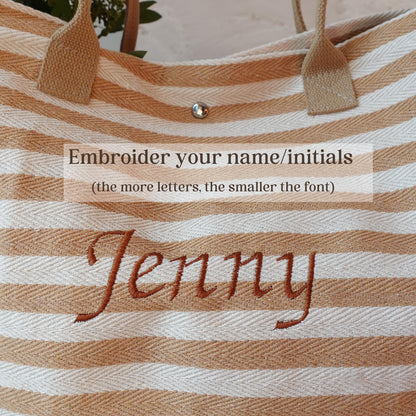 Personalized Large-Capacity Shopping Bag with Embroidery, Embroidered Striped Bag