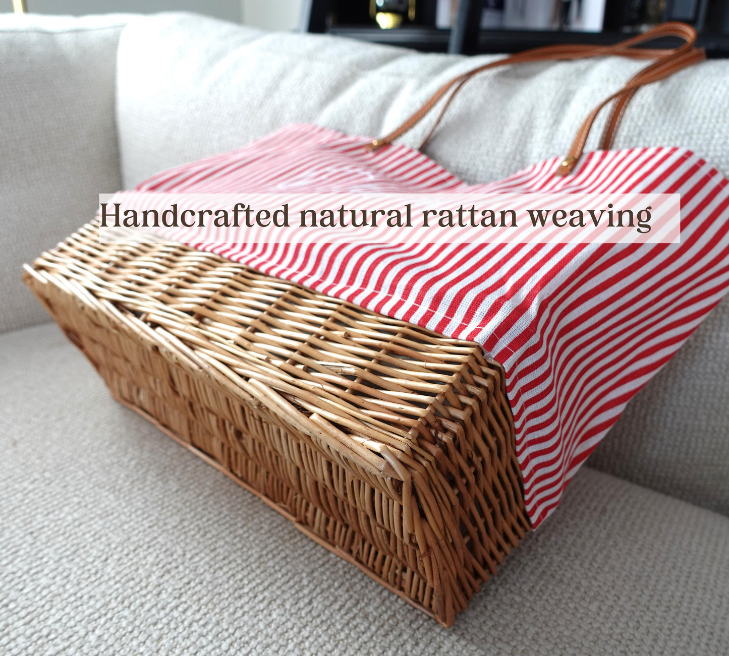 Customized striped Linen Rattan Bag, Leather Handle,
