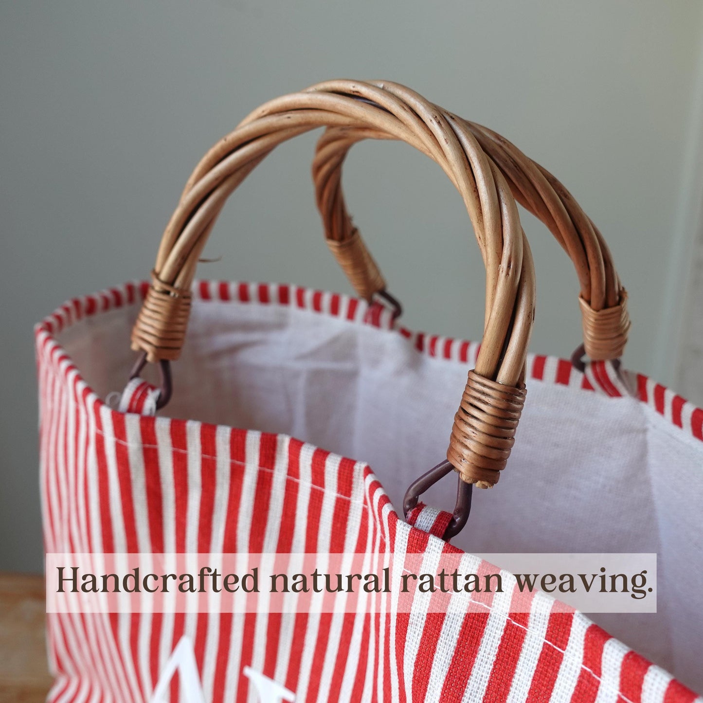 Customized striped Linen Rattan Bag, Personalized Bag
