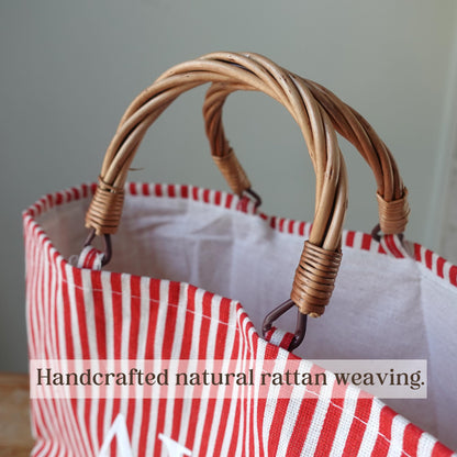 Customized striped Linen Rattan Bag, Personalized Bag