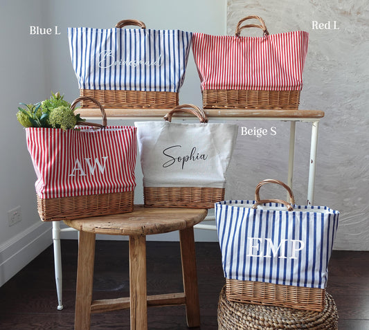 Customized striped Linen Rattan Bag, Personalized Bag