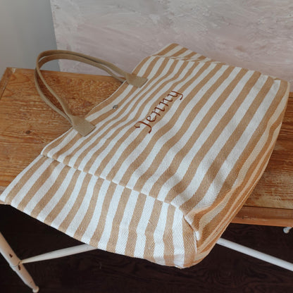 Personalized Large-Capacity Shopping Bag with Embroidery, Embroidered Striped Bag
