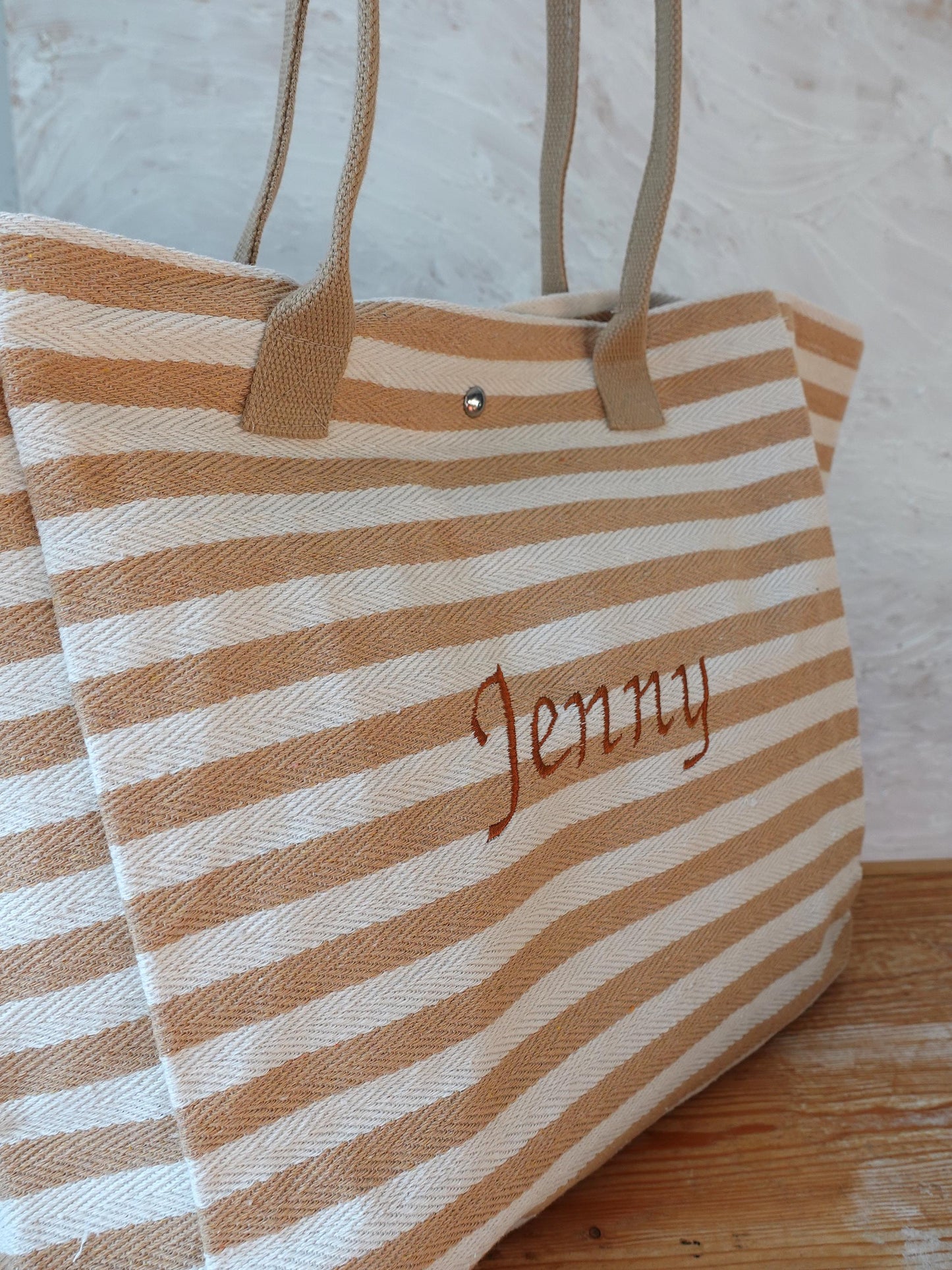 Personalized Large-Capacity Shopping Bag with Embroidery, Embroidered Striped Bag