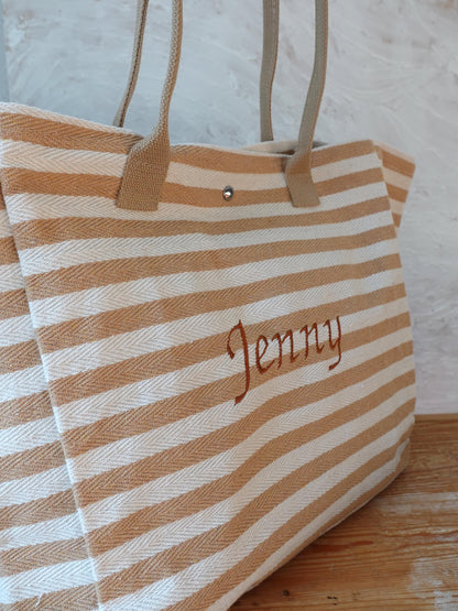 Personalized Large-Capacity Shopping Bag with Embroidery, Embroidered Striped Bag