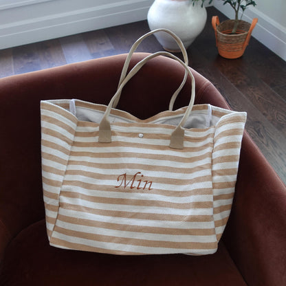 Personalized Large-Capacity Shopping Bag with Embroidery, Embroidered Striped Bag