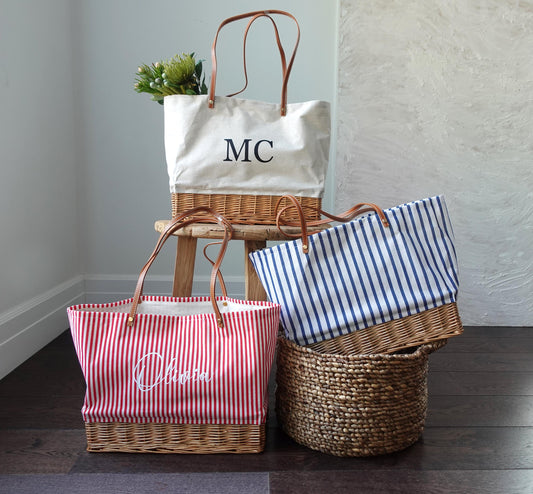 Customized striped Linen Rattan Bag, Leather Handle,