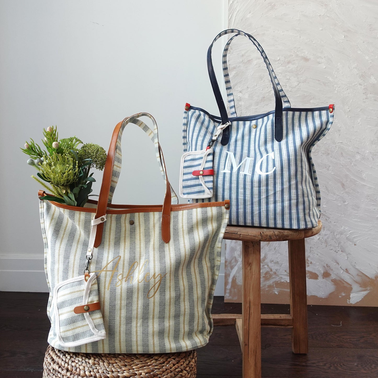 Personalized Striped Tote Bag with  Leather Handles