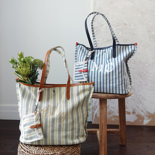 Personalized Striped Tote Bag with  Leather Handles