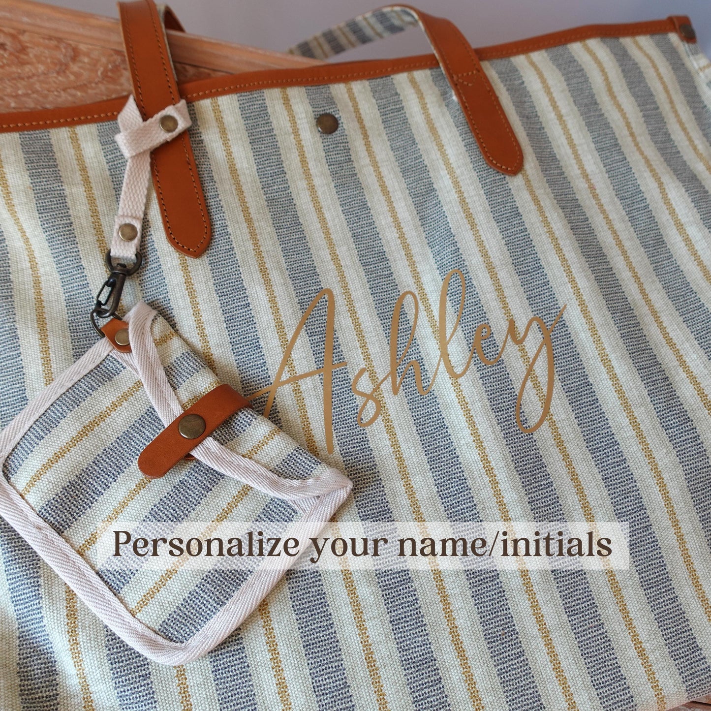 Personalized Striped Tote Bag with  Leather Handles
