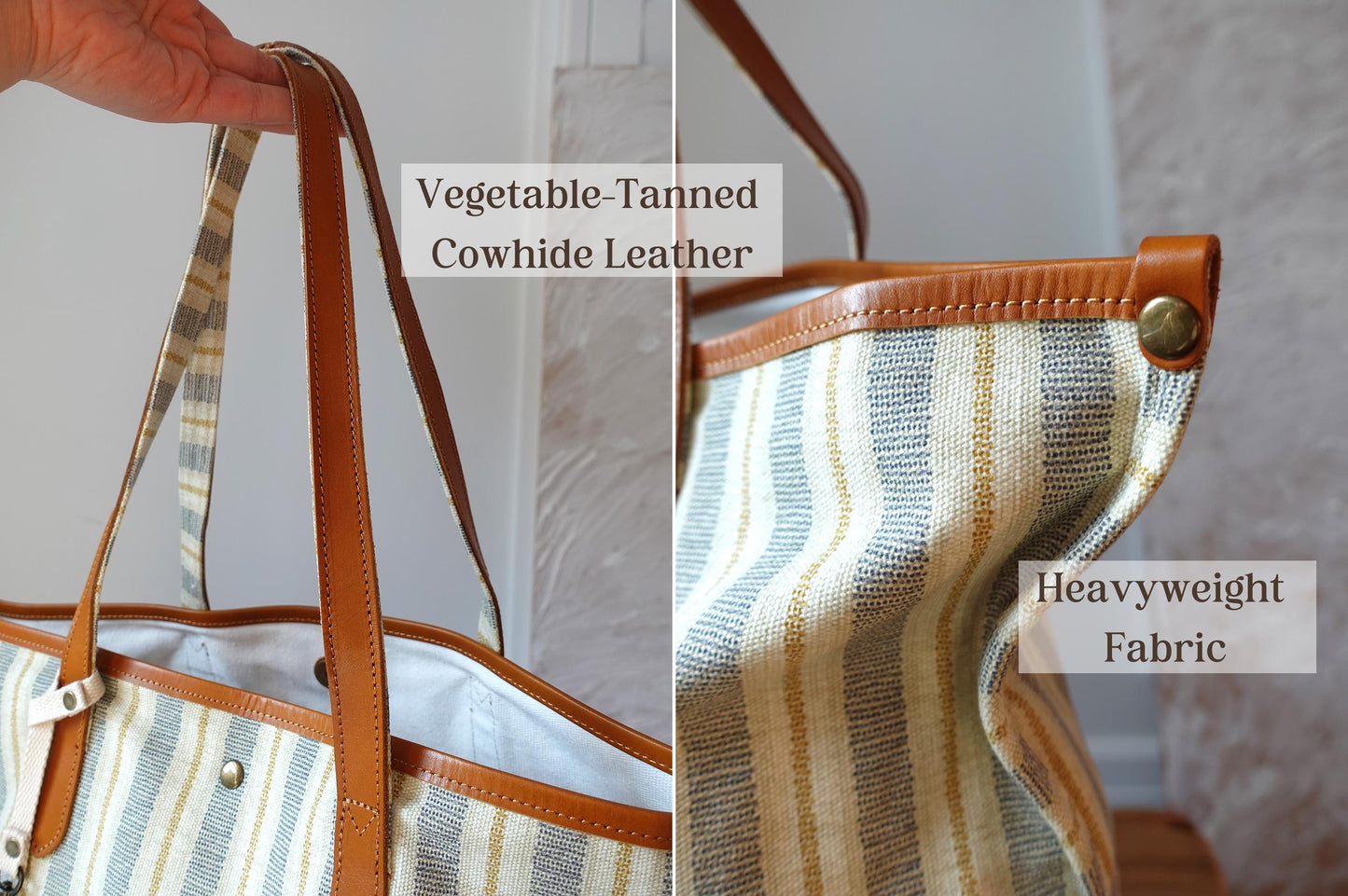 Personalized Striped Tote Bag with  Leather Handles