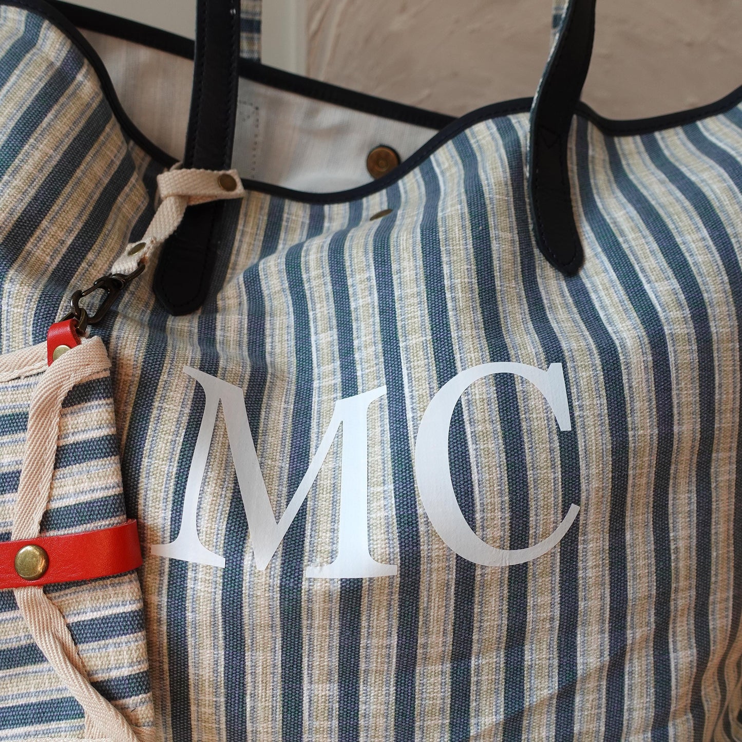 Personalized Striped Tote Bag with  Leather Handles