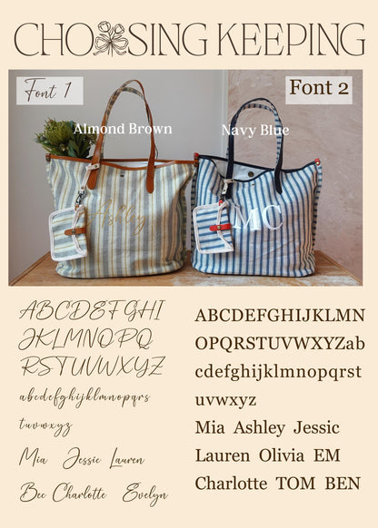 Personalized Striped Tote Bag with  Leather Handles