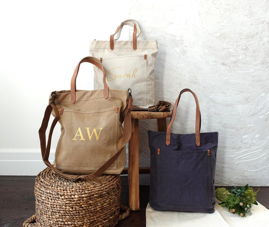 Personalized Unisex Canvas Tote Crossbody Bag with Leather Handles